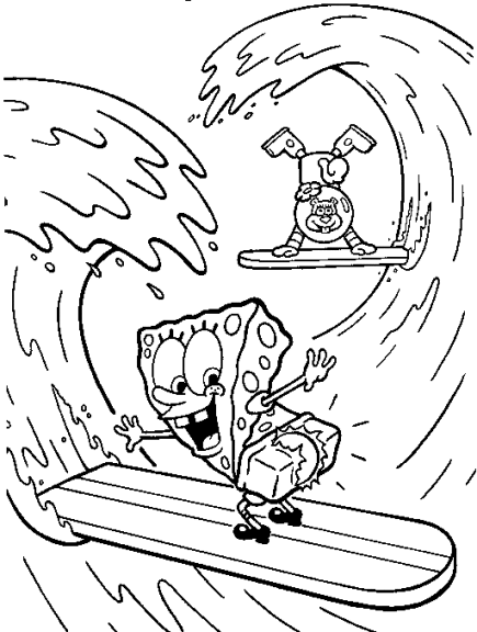 Malvorlage „Spongebob surfen“.