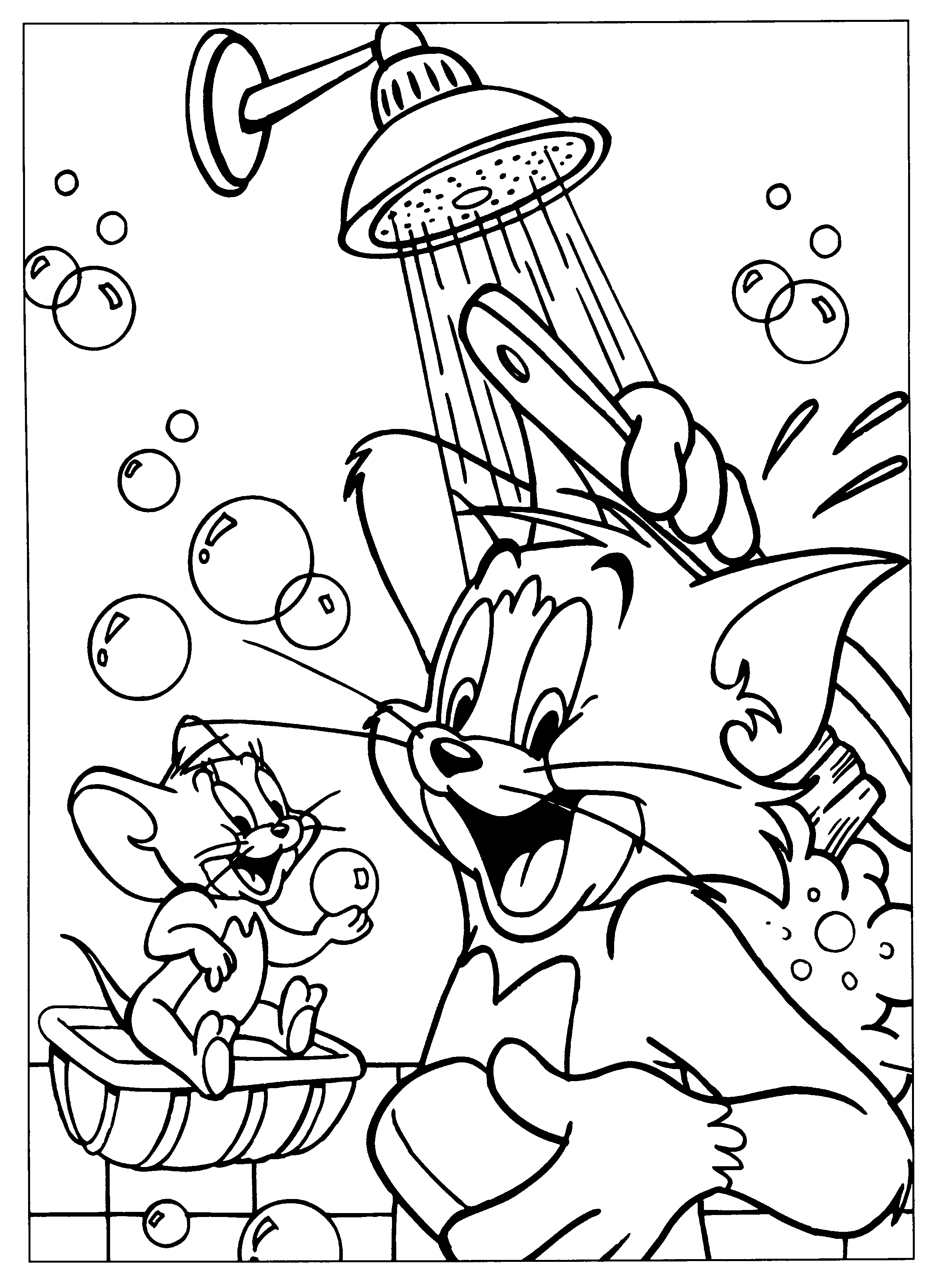 Tom et Jerry sous la douche, Coloriage gratuit Tom et Jerry à imprimer et colorier