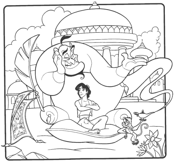 Dibujo de El genio de Aladdin y Abu para colorear