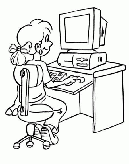 Coloriage fille sur son ordinateur