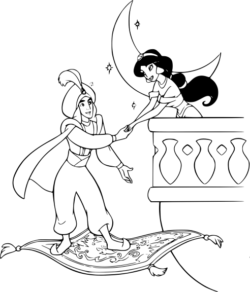 Aladdin and Jasmine magic carpet coloring page