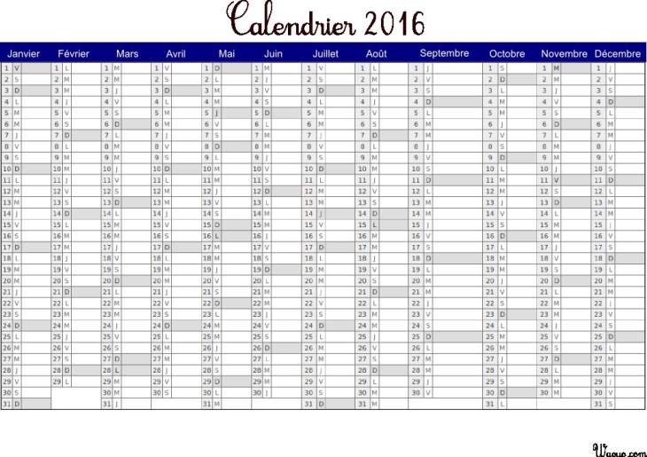 Calendrier 2016 bleu