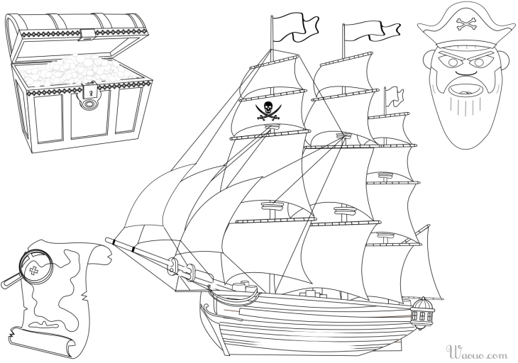 Pirate ship and treasure coloring page