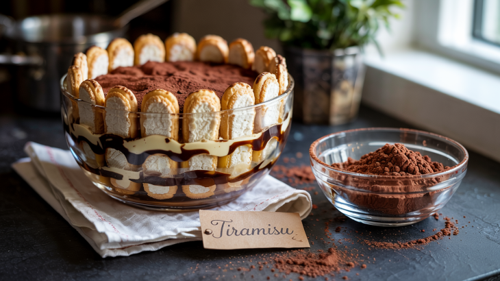 Photo en gros plan de la préparation express du tiramisu disposés dans la verrine. Photo en gros plan de la préparation express du tiramisu disposés dans la verrine.