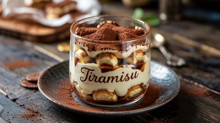 Photo d’une verrine de tiramisu individuelle prête à déguster, avec le cacao saupoudré sur le dessus. Photo d’une verrine de tiramisu individuelle prête à déguster, avec le cacao saupoudré sur le dessus.