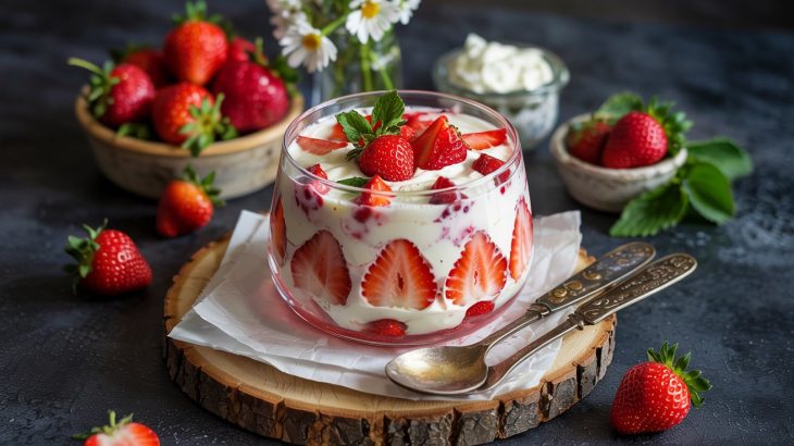 Vue de dessus du dessert fraises-yaourt fini, montrant les belles couches alternées de blanc et de rouge Vue de dessus du dessert fraises-yaourt fini, montrant les belles couches alternées de blanc et de rouge