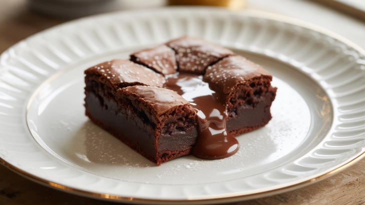 Gros plan d’un carré de brownie, cœur coulant qui s’échappe, posé sur une assiette blanche Gros plan d’un carré de brownie, cœur coulant qui s’échappe, posé sur une assiette blanche