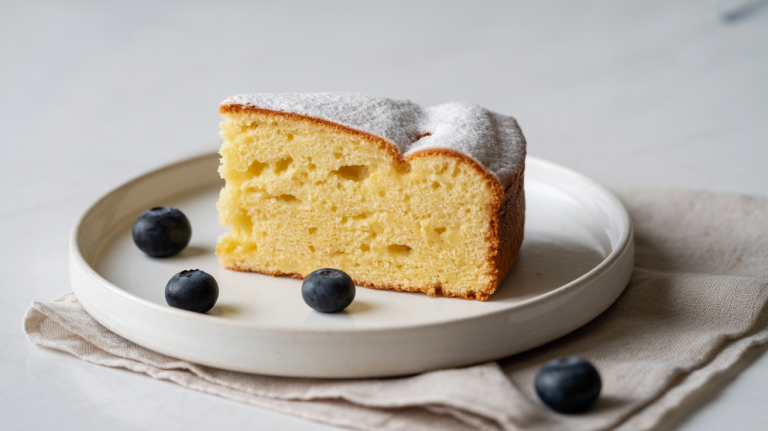 part de gâteau nuage citron toute légère, saupoudrée de sucre glace, sur une assiette lumineuse